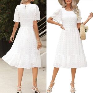 Summer Spring Wedding Guest Dresses‎ Short Sleeve Casual Flowy Swiss Dot Smocked